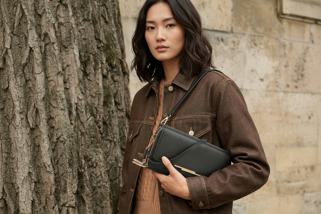Woman holding a black handbag against a stone wall